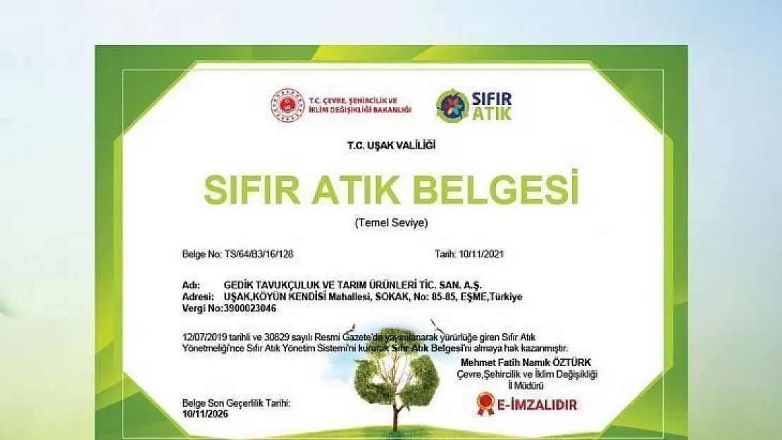 'Daha yeşil bir dünya için' çalışan Gedik Piliç, 'Sıfır Atık' belgesi sahibi oldu