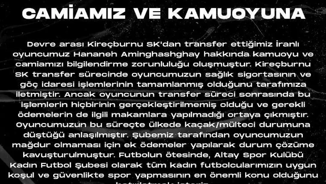 Altay'ın İranlı kadın futbolcusu kaçak/mülteci durumuna düştü