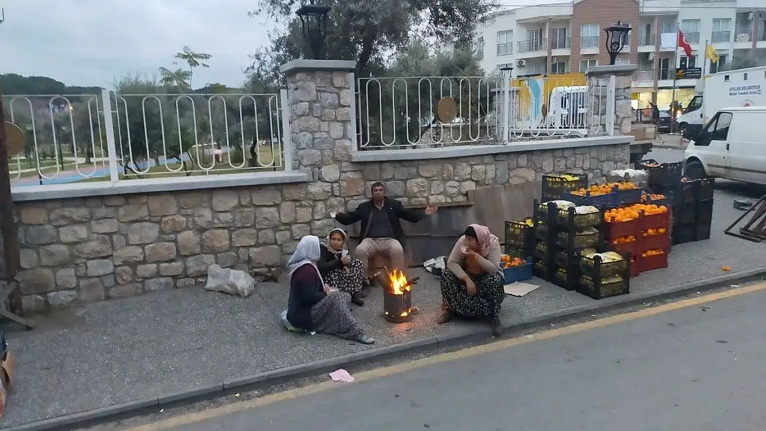 Aydın'da pazarcılar sabah soğuk havadan ateş yakarak korunuyor