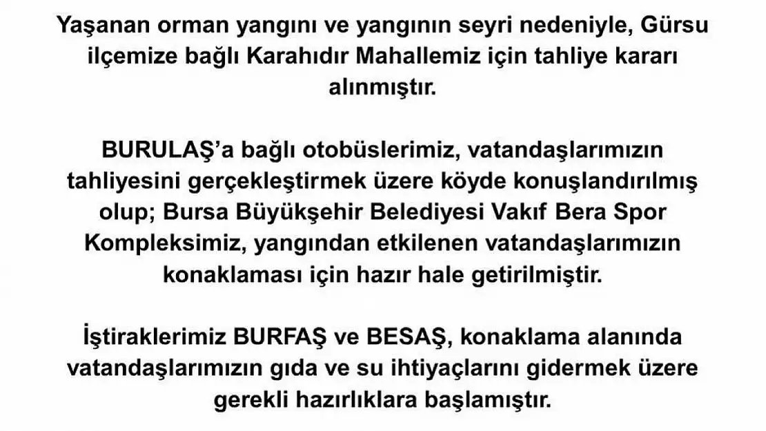Bursa'da yangın sebebiyle Karahıdır Mahallesi boşaltılıyor