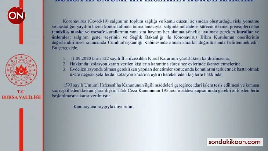 Bursa Valiliği'nden İl Hıfzıssıhha Kurulu açıklaması