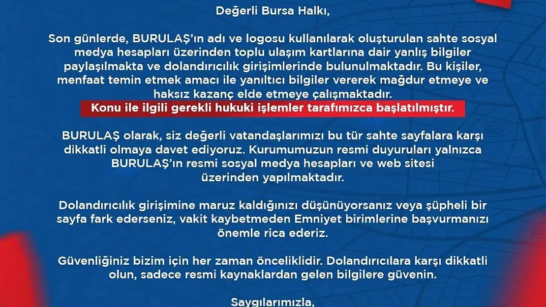 BURULAŞ'tan dolandıcılık uyarısı