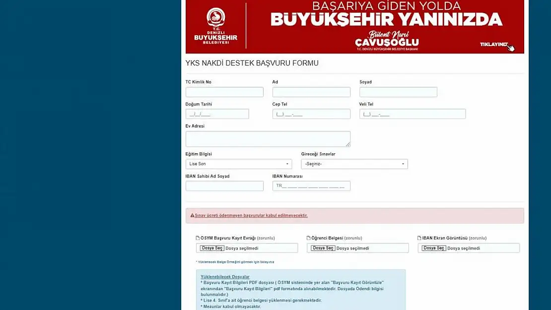 Denizli Büyükşehrin YKS adaylarına sınav ücret desteği başvuruları başladı