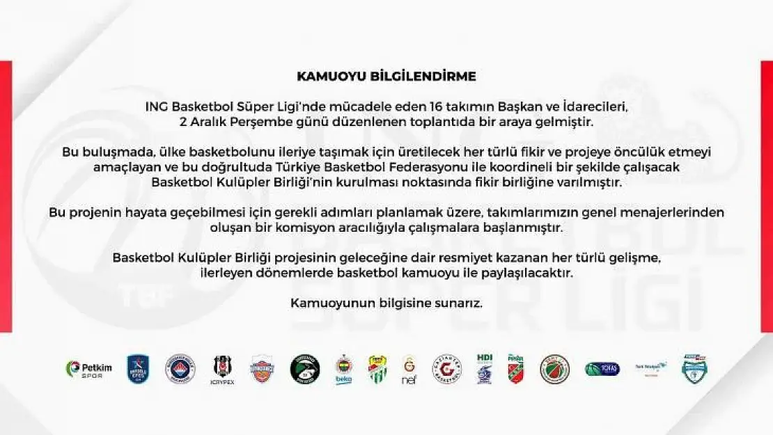 Frutti Extra Bursaspor: 'Basketbol Kulüpler Birliği'nin kurulması noktasında fikir birliğine varılmıştır'