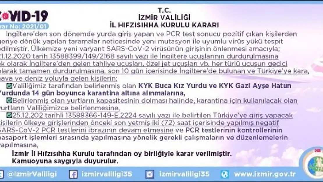 İngiltere'den İzmir'e gelen kişiler 14 gün karantinaya alınacak