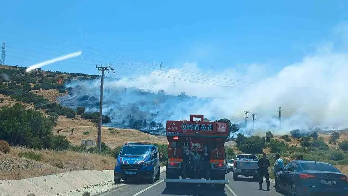 İzmir'de makilik  ve  otluk alanda yangın