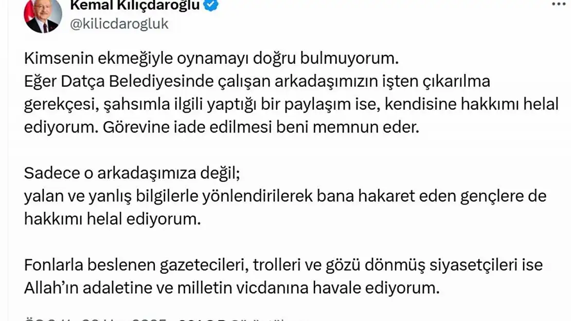 Kılıçdaroğlu'ndan Datça Belediyesine çağrı