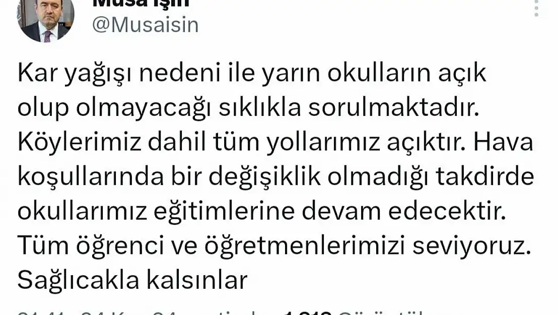 Kütahya Valisi Işın'dan 'Kar tatili yok' açıklaması