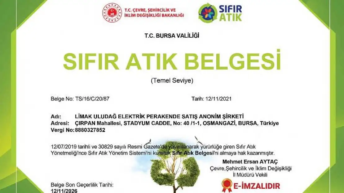 Limak Enerji Uludağ Elektrik, 'Sıfır Atık Belgesi' almaya hak kazandı