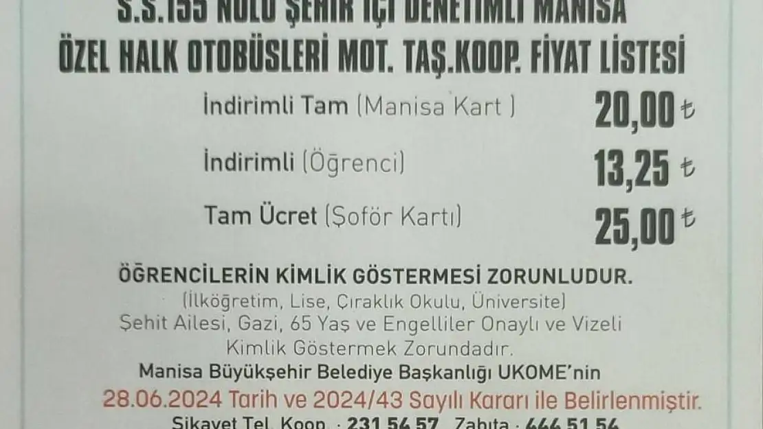 Manisa'da toplu taşıma zamlandı