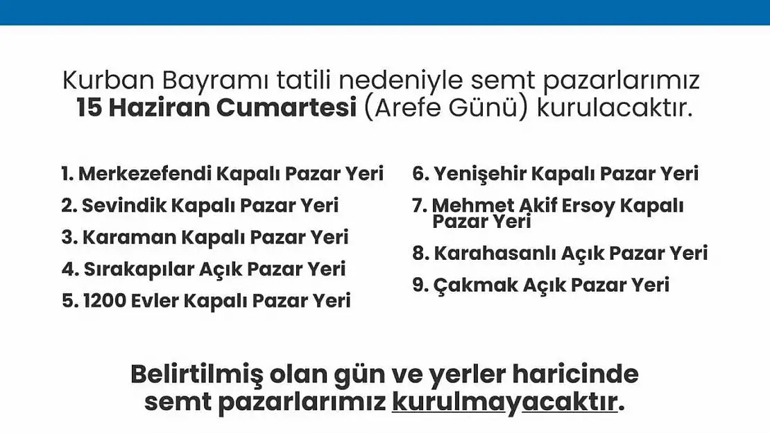 Merkezefendi'de arife günü 9 noktada semt pazarları kurulacak