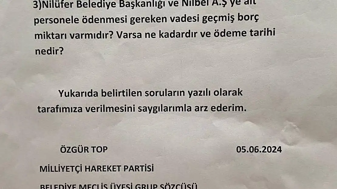 MHP'den Nilüfer Belediyesi'ne 3 soruluk önerge