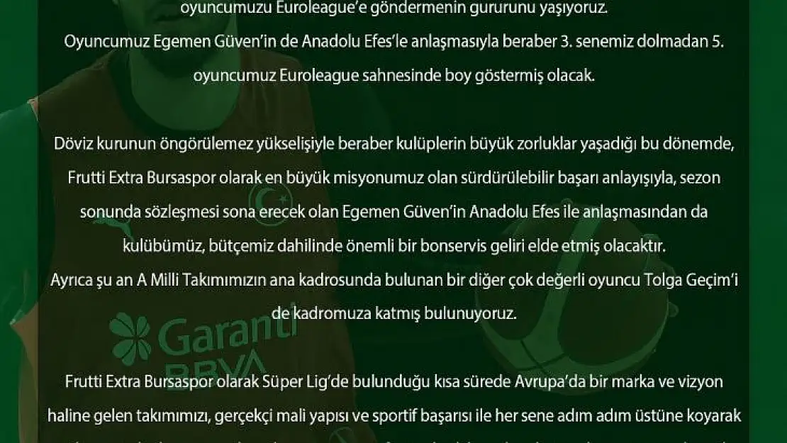 Sezer Sezgin: 'Tolga Geçim'i kadromuza katmış bulunuyoruz'