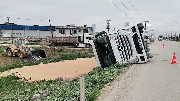 Bandırma'da buğday yüklü tır devrildi