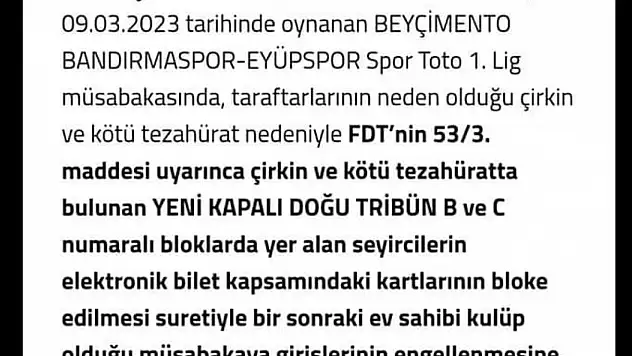 Bandırmaspor'a kötü tezahürat cezası