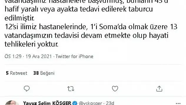 İzmir Valisi Köşger: '56 işçiden 43'ü taburcu edildi'
