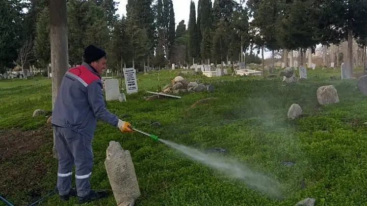 Burhaniye'de mezarlıklarda yabani ot ilaçlaması