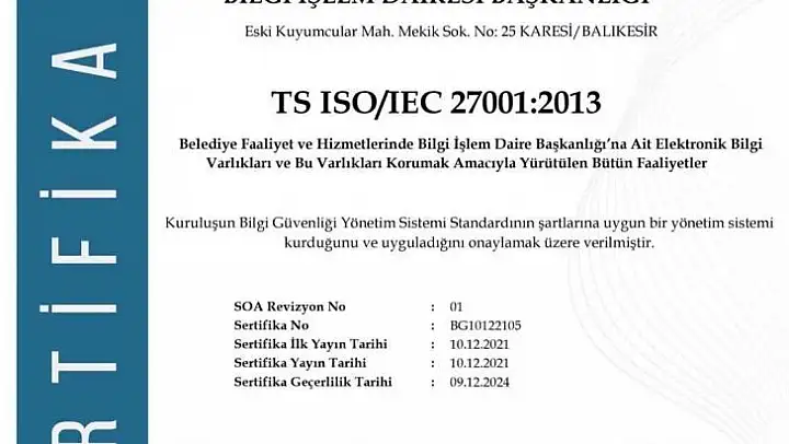 Büyükşehir'in çalışmalarına uluslararası sertifika