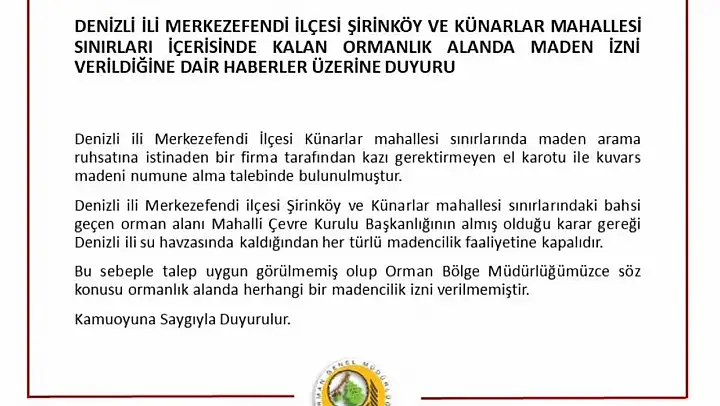 Denizli'de orman sahasında maden aranacağı iddiaları yalanlandı