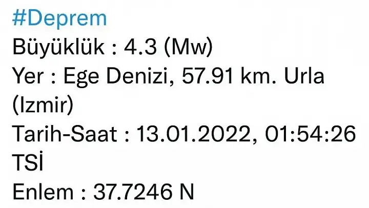 İzmir açıklarında 4.3 büyüklüğünde deprem
