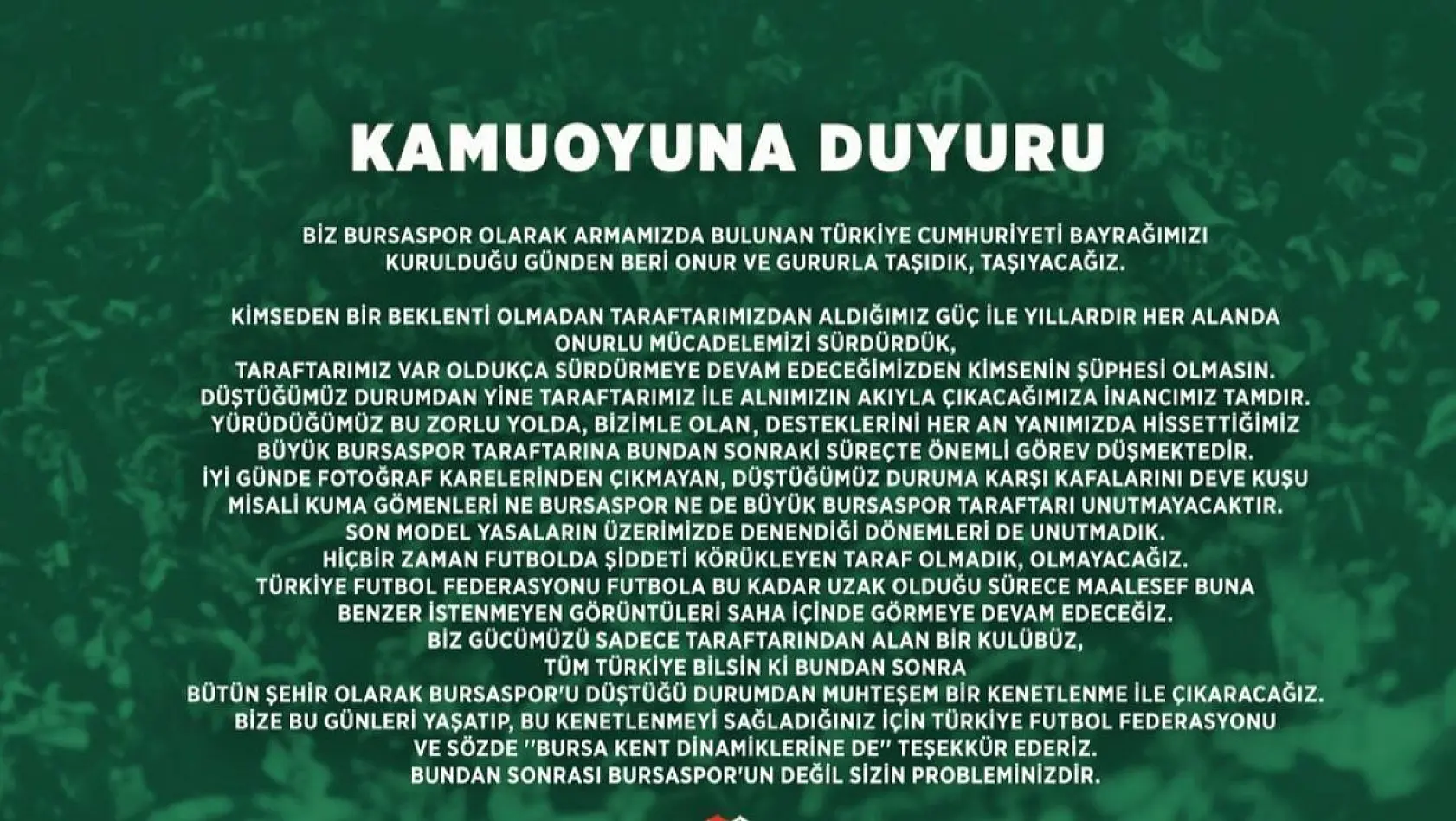 Bursaspor: 'Bursaspor'u düştüğü durumdan muhteşem bir kenetlenme ile çıkaracağız'
