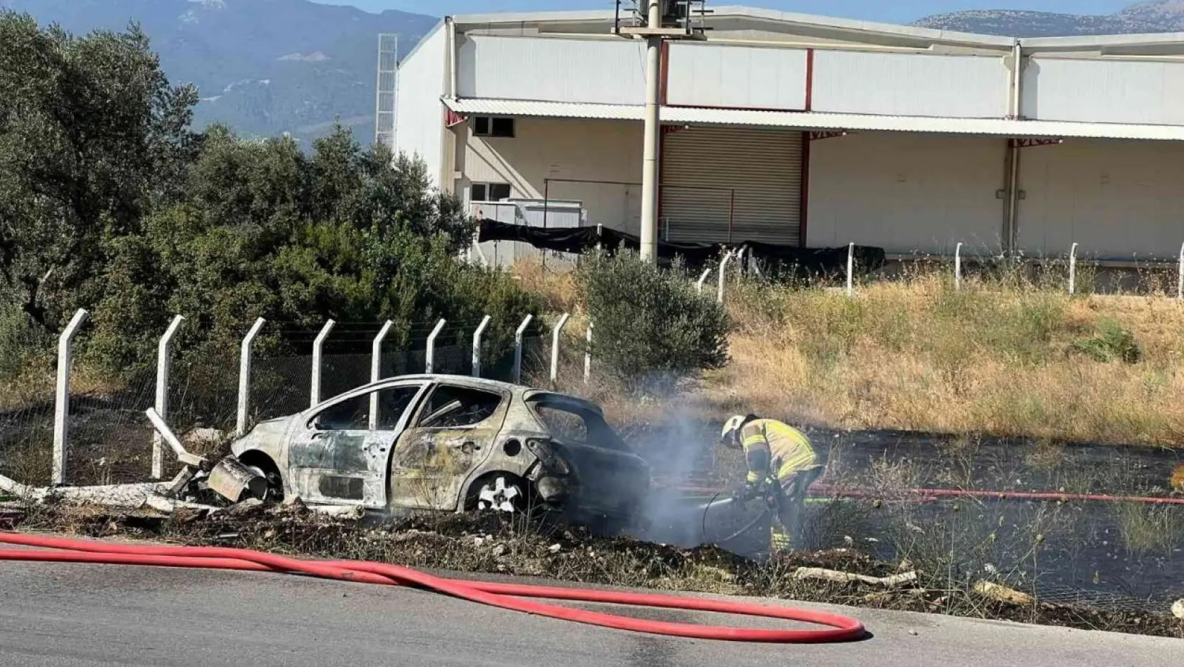 İzmir'de kaza yapan araçta çıkan yangın otluk alana sıçradı
