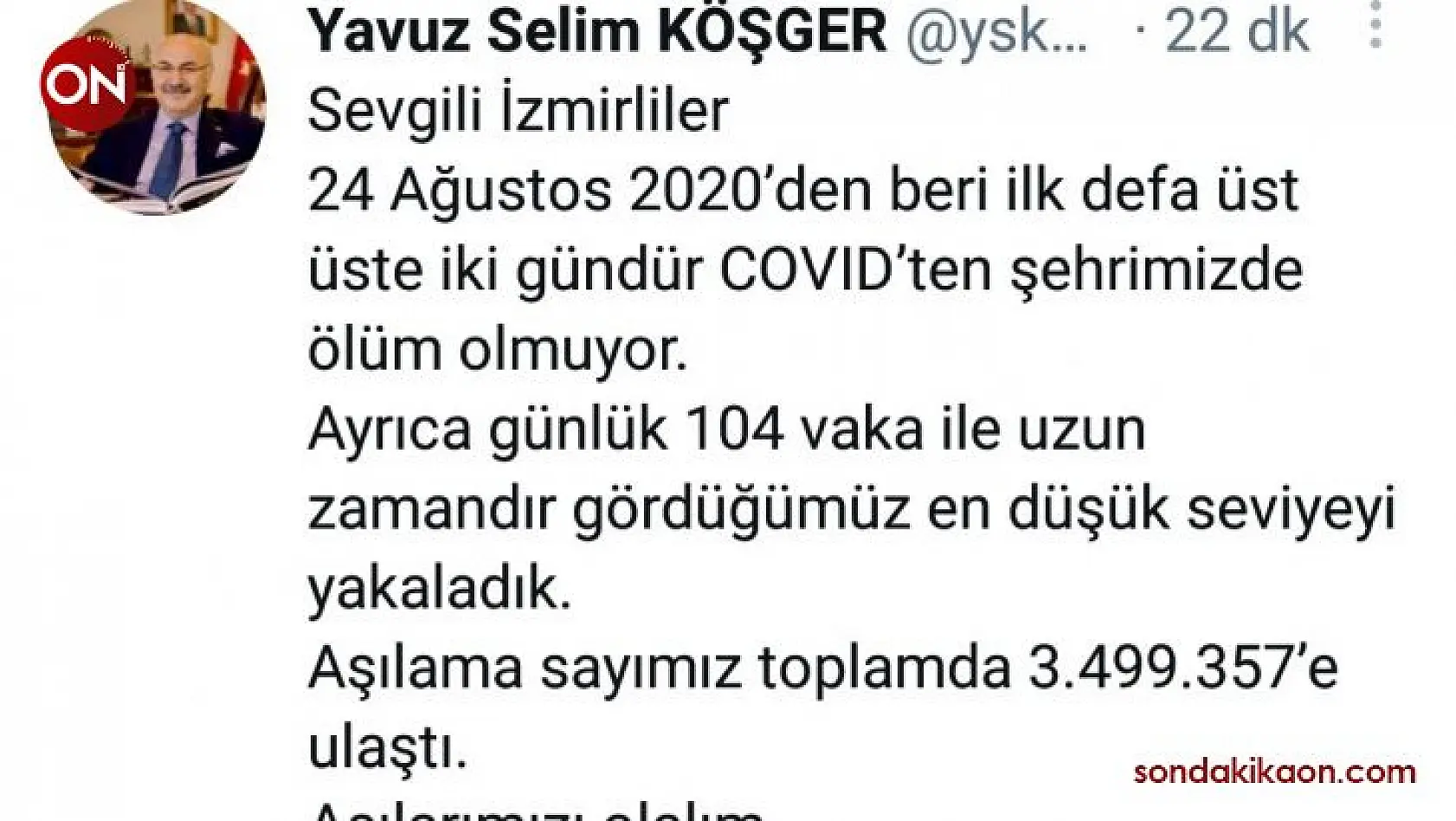 İzmir Valisi Köşger: 'Üst üste iki gündür COVID'ten şehrimizde ölüm olmuyor'