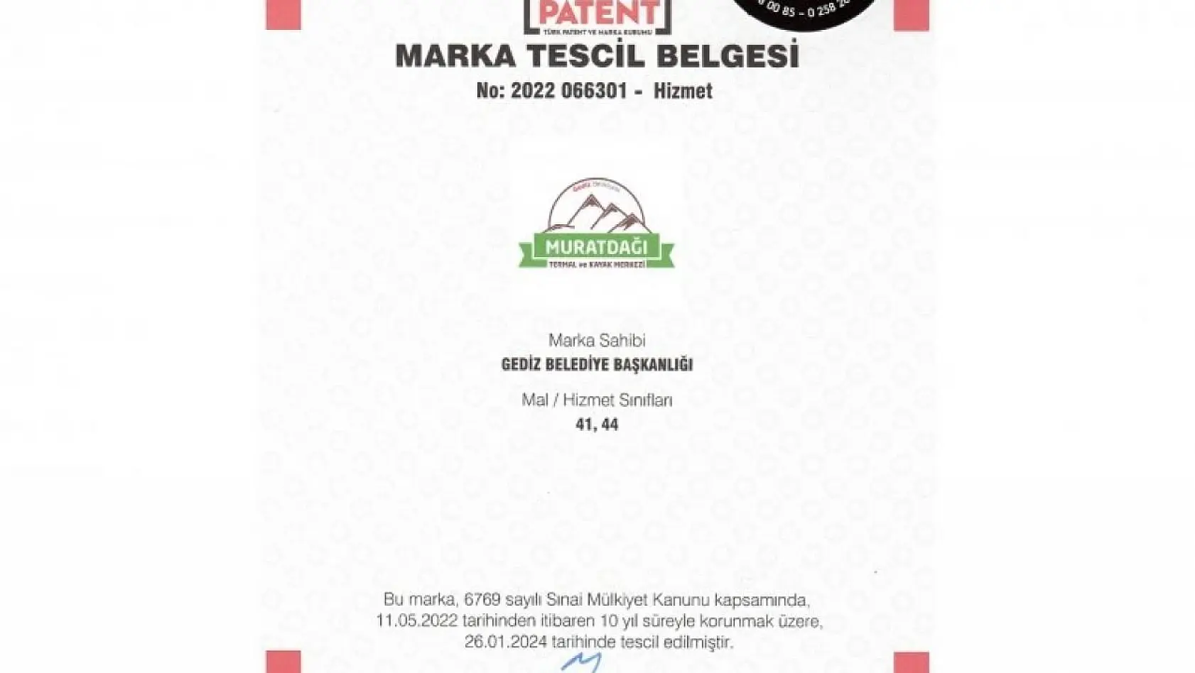 Murat Dağı Termal Kayak Merkezi marka tescil belgesi alındı